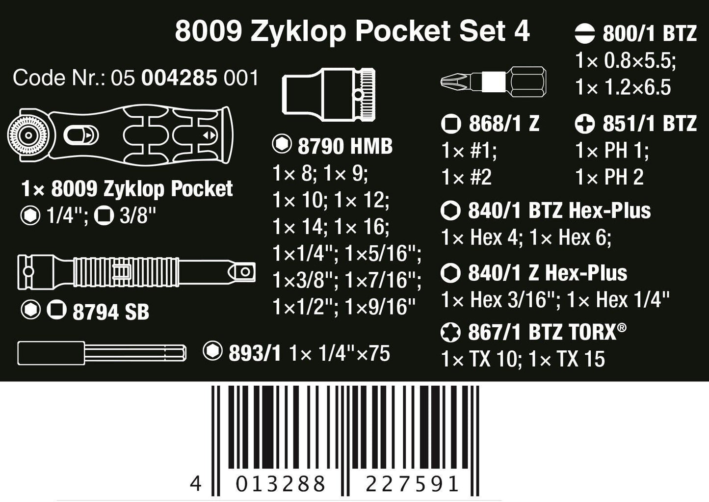 Wera 8009 Zyklop Pocket Set 4 Socket Wrench Set 3/8" Drive SAE 05004285001