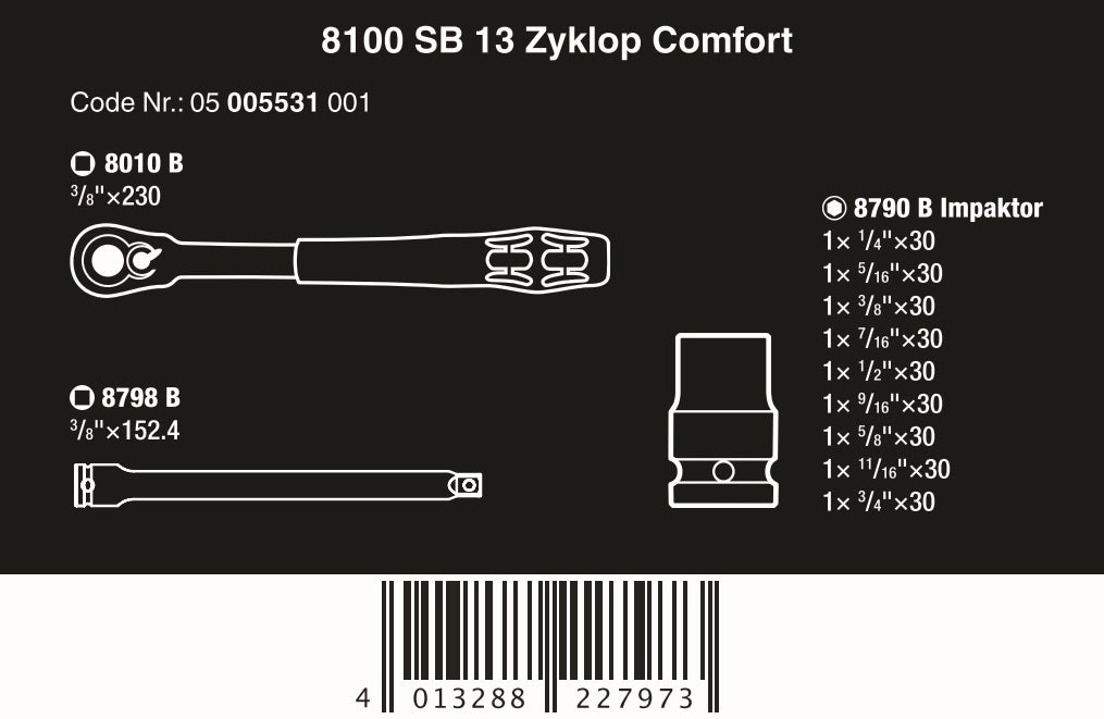 Wera 8100 SB 13 Zyklop Comfort Ratchet Set 3/8" Drive SAE 05005531001