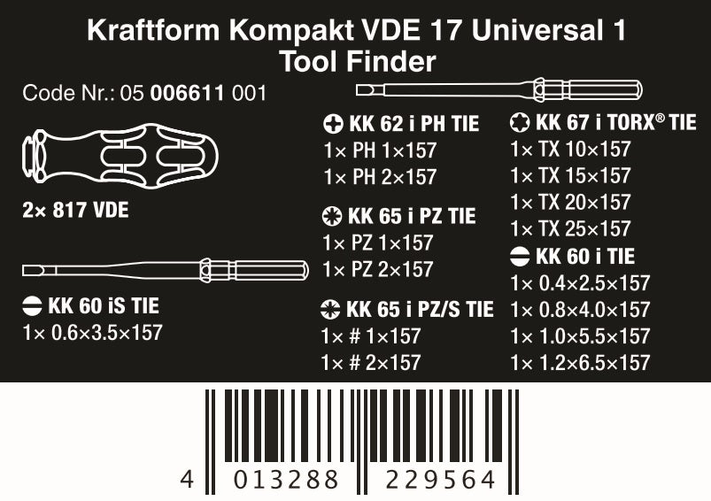 Wera Kraftform Kompakt VDE 17 Universal 1 Tool Finder Screwdriver Set 05006611001