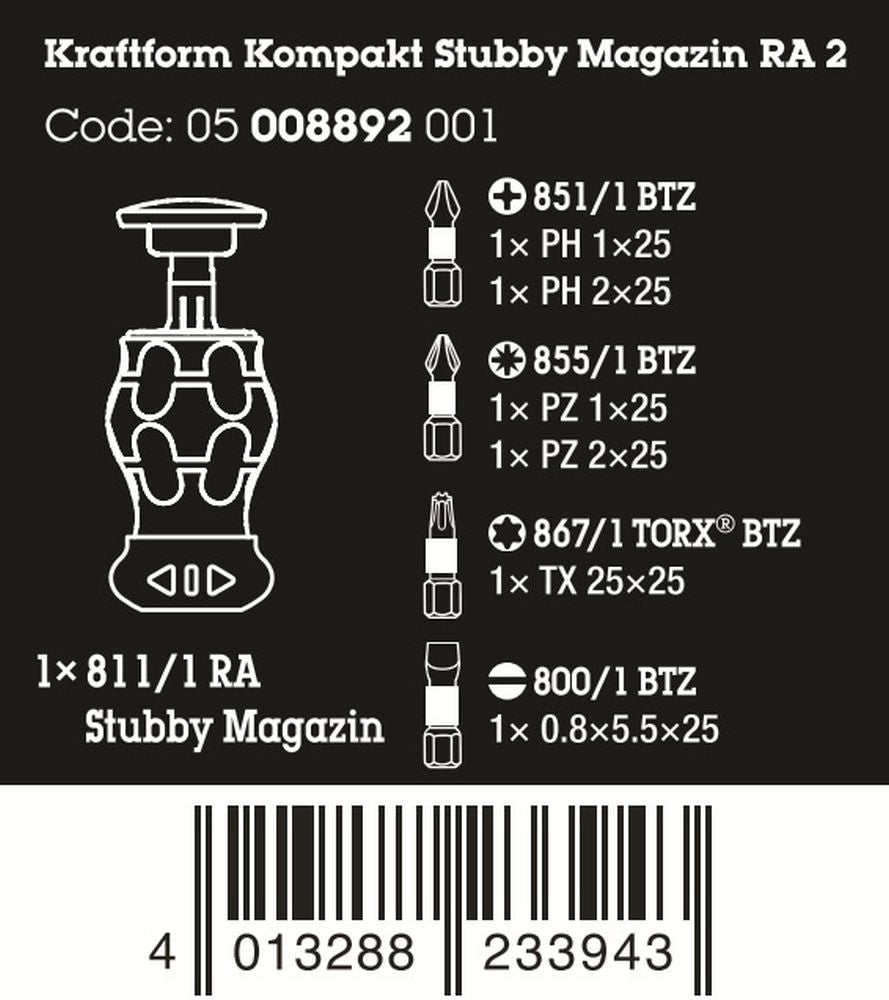 Wera Kraftform Kompakt Stubby Magazine RA 2 Screwdriver Set 6 Pieces 05008892001