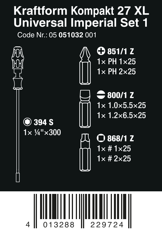 Wera Kraftform Kompakt 27 XL Universal Set 1 Screwdriver Set SAE 05051032001