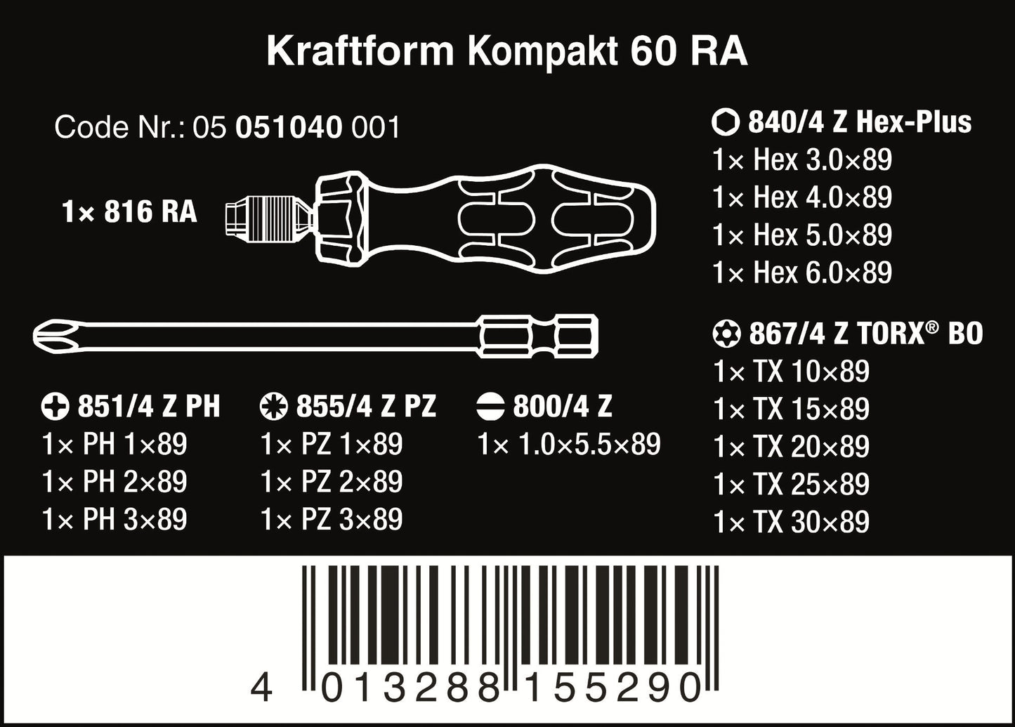 Wera Kraftform Kompakt 60 RA Ratcheting Screwdriver Set Metric 05051040001