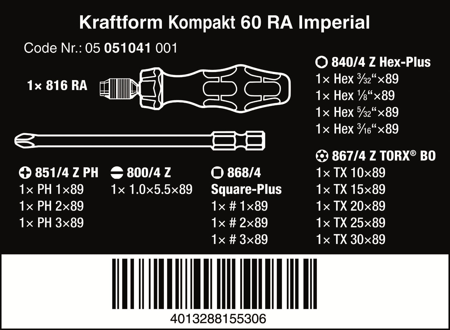 Wera Kraftform Kompakt 60 RA Ratcheting Screwdriver Set SAE 05051041001