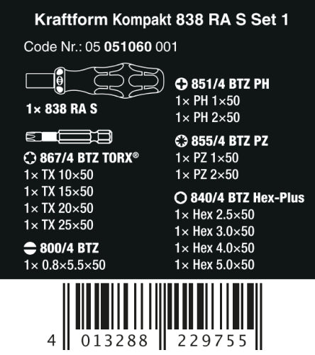 Wera Kraftform Kompakt 838 RA S Ratching Screwdriver Set 1 Metric 05051060001