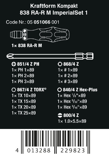 Wera Kraftform Kompakt 838 RA-R M Ratcheting Screwdriver Set 1 SAE 05051066001