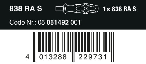 Wera 838 RA S Bitholding Ratcheting Screwdriver 1/4" Drive 05051492001