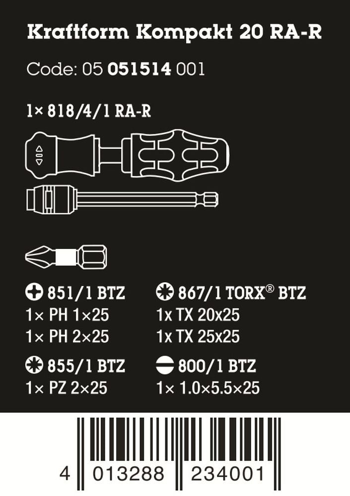 Wera Kraftform Kompakt 20 RA-R Ratcheting Screwdriver Set With Pouch 05051514001