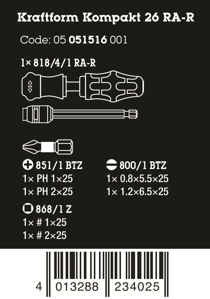 Wera Kraftform Kompakt 26 RA-R Ratcheting Screwdriver Set With Pouch 05051516001