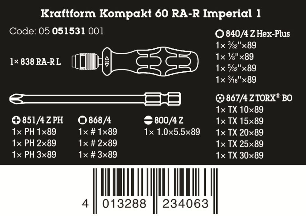 Wera Kraftform Kompakt 60 RA-R Imperial 1 Ratcheting Screwdriver Set 05051531001