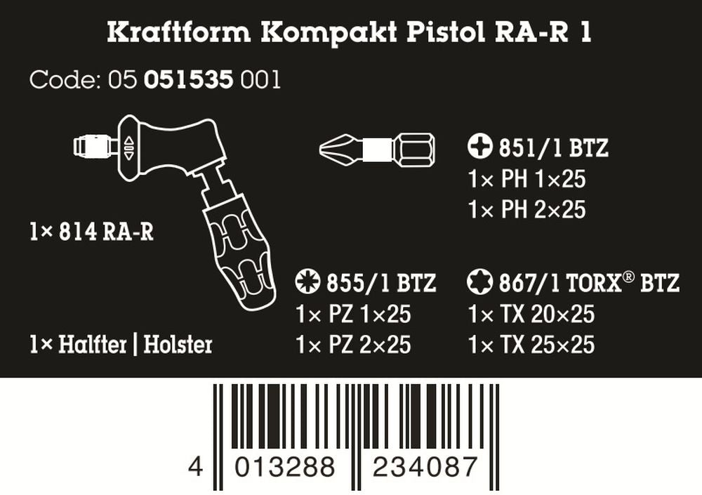 Wera Kraftform Kompakt Pistol RA-R 1 Ratcheting Screwdriver Set 05051535001