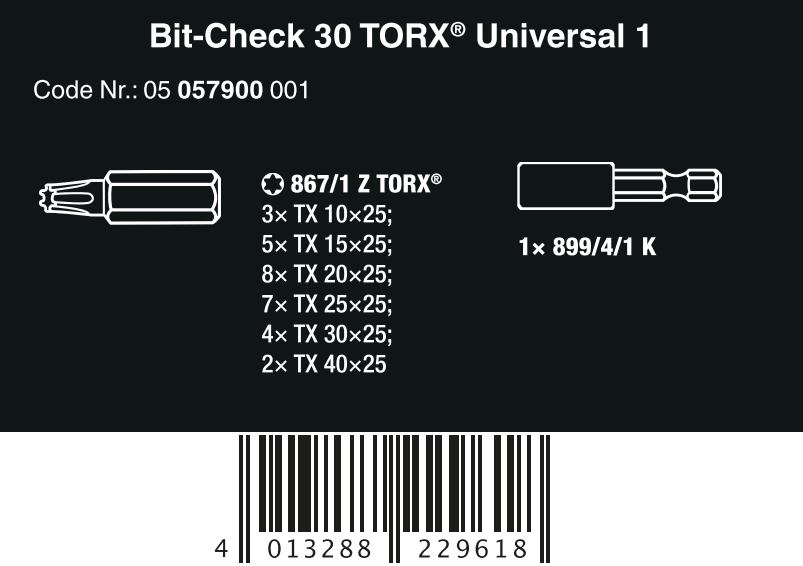 Wera Bit Check 30 TX Universal 1 SB Screwdriver Bit Set 05057900001