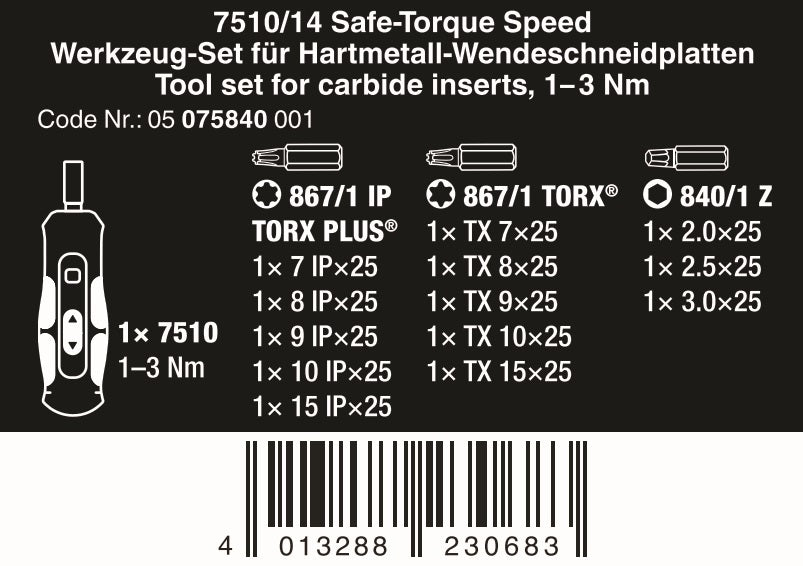 Wera 7510/14 Safe-Torque Speed Tool Carbide Inserts Screwdriver Set 05075840001