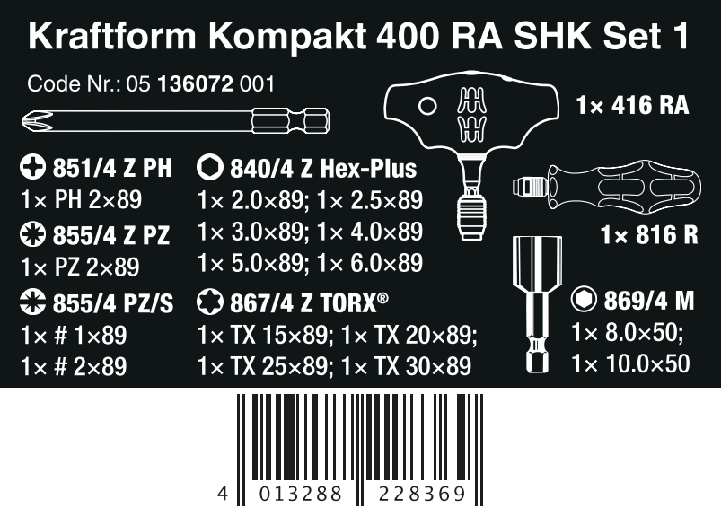 Wera Kraftform Kompakt 400 RA SHK Set 1 HVAC Ratcheting T-Handle Set Metric 05136072001