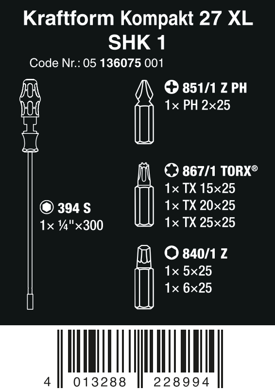 Wera Kraftform Kompakt 27 XL SHK 1 Screwdriver Set 05136075001