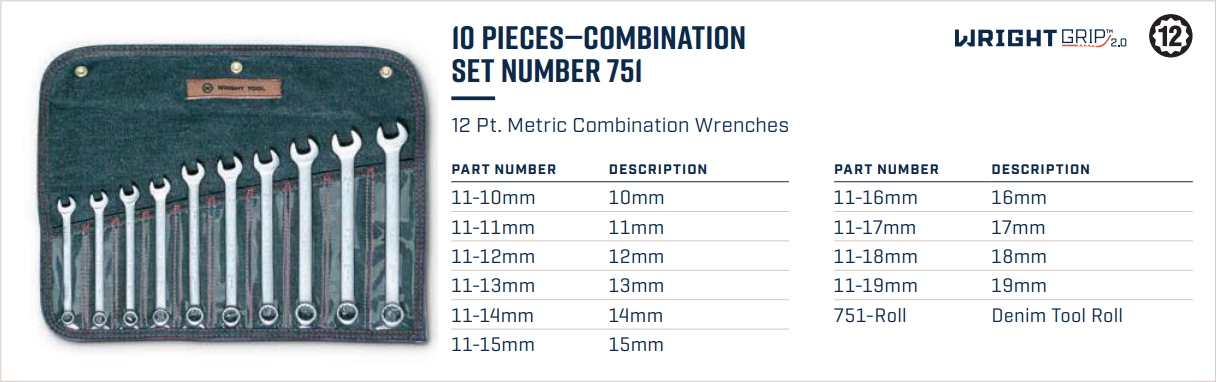 Wright Tool WRIGHTGRIP® 2.0 12 Point Combination Wrench Set 10 Pieces Metric 751