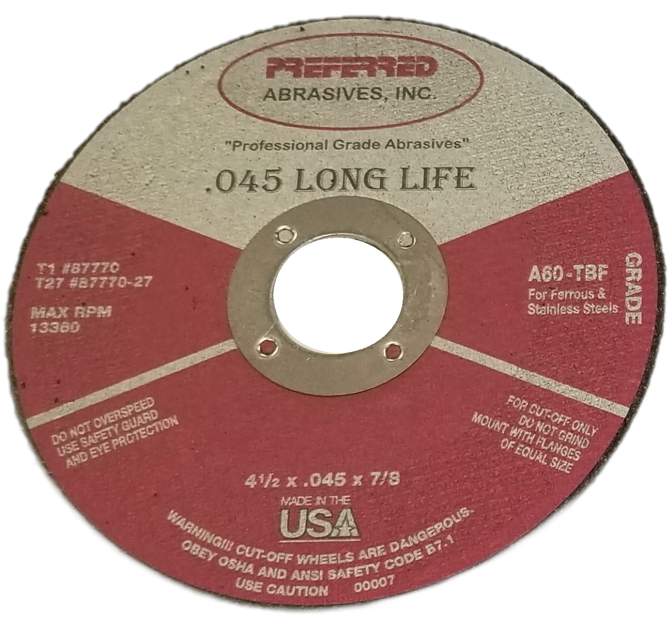 Preferred Abrasives Reinforced Cut-Off Wheel A60-TBF Type 1 Grit 87770