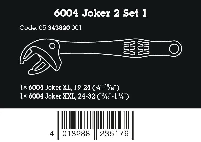 Technical size guide graphic for the Wera 6004 Joker spanner, showing the laser-etched scale on the tool head that indicates the specific metric and imperial (SAE) size range the jaws are currently covering.