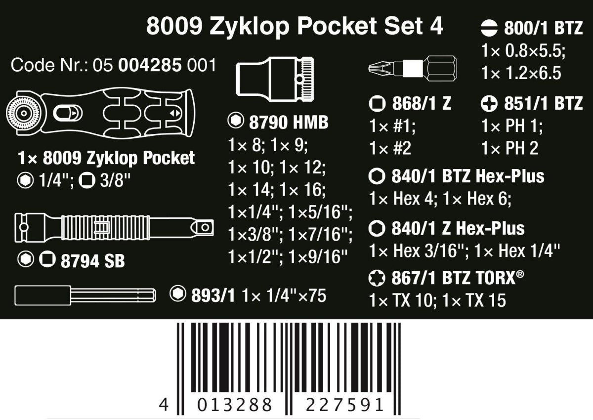 Wera 8009 Zyklop Pocket Set 4 Socket Wrench Set 3/8" Drive SAE 05004285001 - Mr. Tools