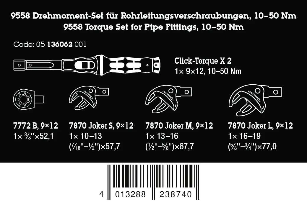 Wera 9558 Torque Set product label showing part number 05136062001, EAN barcode, and included components diagram