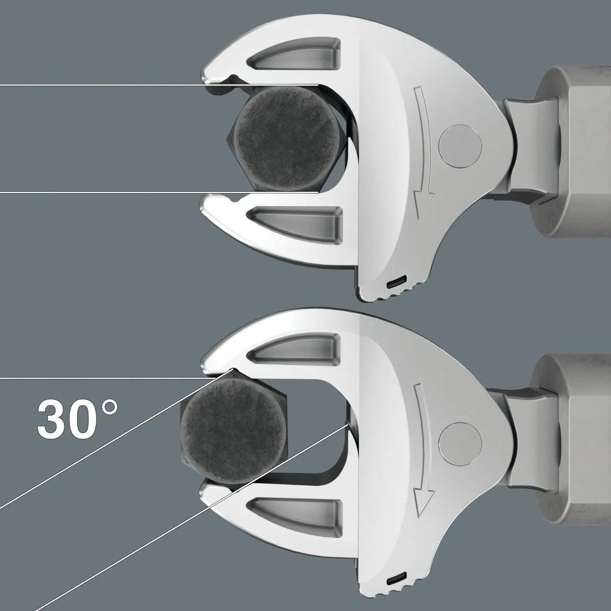 Technical diagram illustrating the 30-degree return angle feature on the Wera Joker 4XL insert spanner for tight spaces