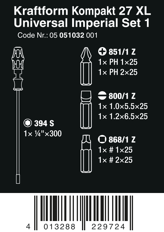 Wera Kraftform Kompakt 27 XL Universal Set 1 Screwdriver Set SAE 05051032001 - Mr. Tools