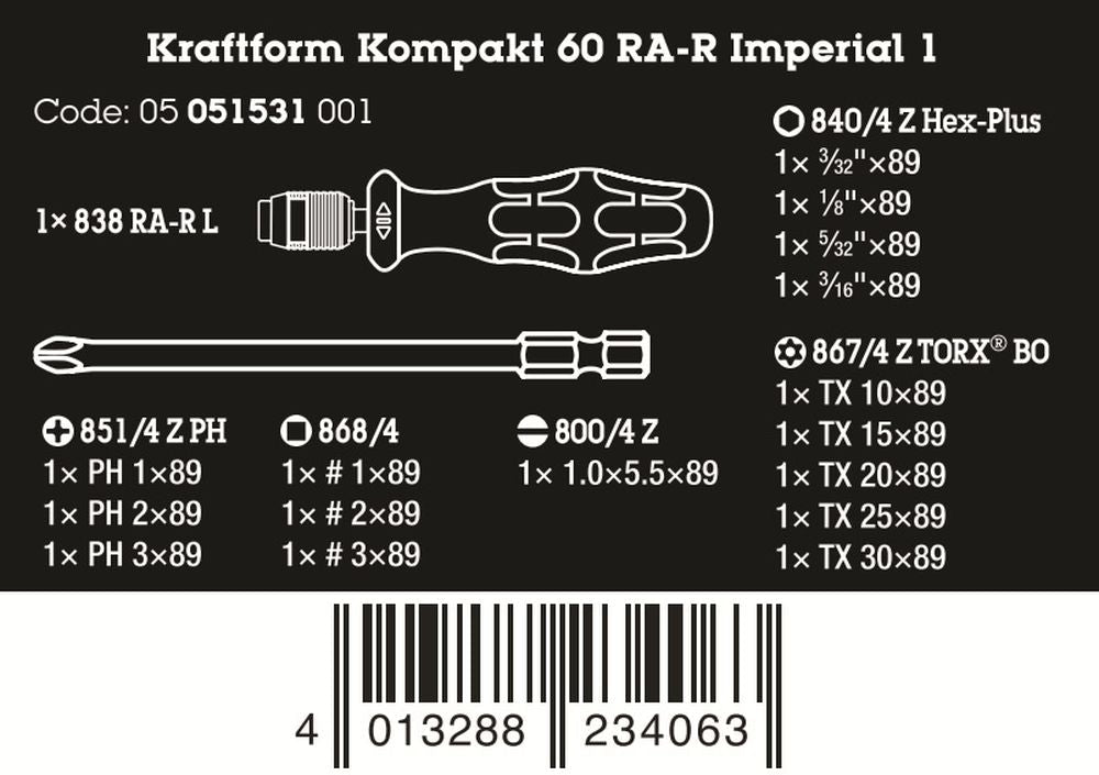 Wera Kraftform Kompakt 60 RA - R Imperial 1 Ratcheting Screwdriver Set 05051531001 - Mr. Tools
