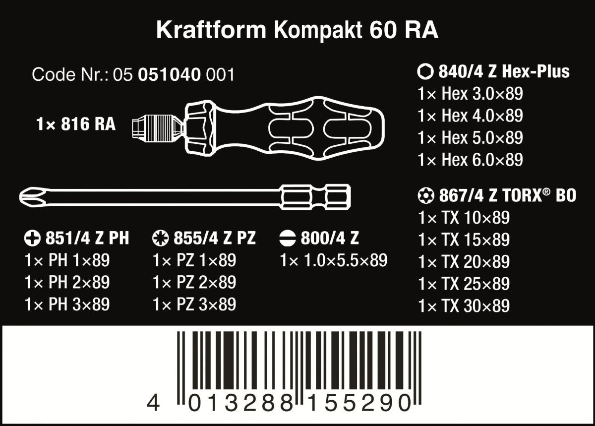 Wera Kraftform Kompakt 60 RA Ratcheting Screwdriver Set Metric 05051040001 - Mr. Tools