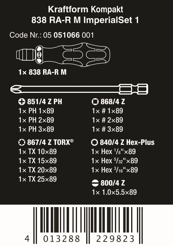 Wera Kraftform Kompakt 838 RA - R M Ratcheting Screwdriver Set 1 SAE 05051066001 - Mr. Tools