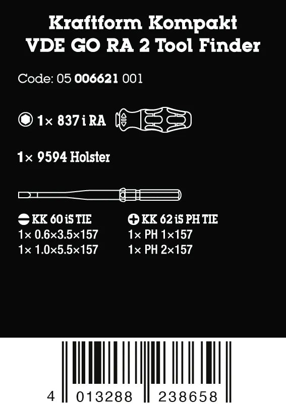 Packaging specification label for Wera Kraftform Kompakt VDE GO RA 2 set showing part number 05006621001 and included contents.