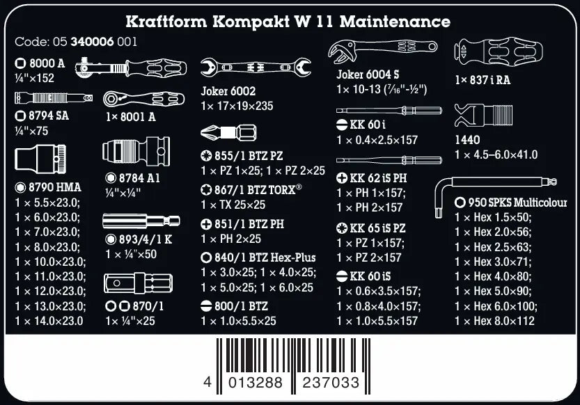 Technical contents diagram and part list for the Wera 05340006001 Kraftform Kompakt W 11 Maintenance Kit with EAN 4013288237033 barcode