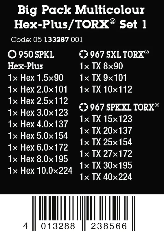 Product barcode packaging label for Wera Big Pack Multicolour Hex-Plus TORX Set 1 (Code 05133287001) listing set contents.