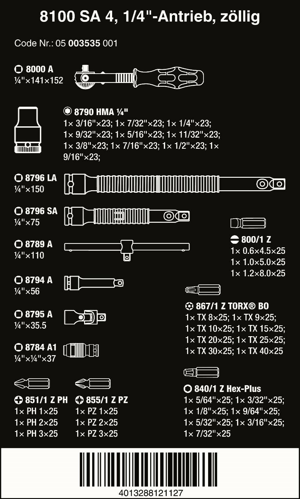 wera 8100 sa 4 zyklop socket wrench set 1/4" drive sae 41 pieces 05003535001
