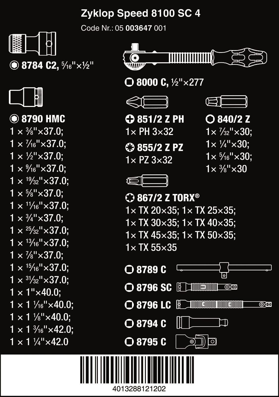 Wera 8100 SC 4 Zyklop Socket Wrench Set 1/2" Drive SAE 05003647001
