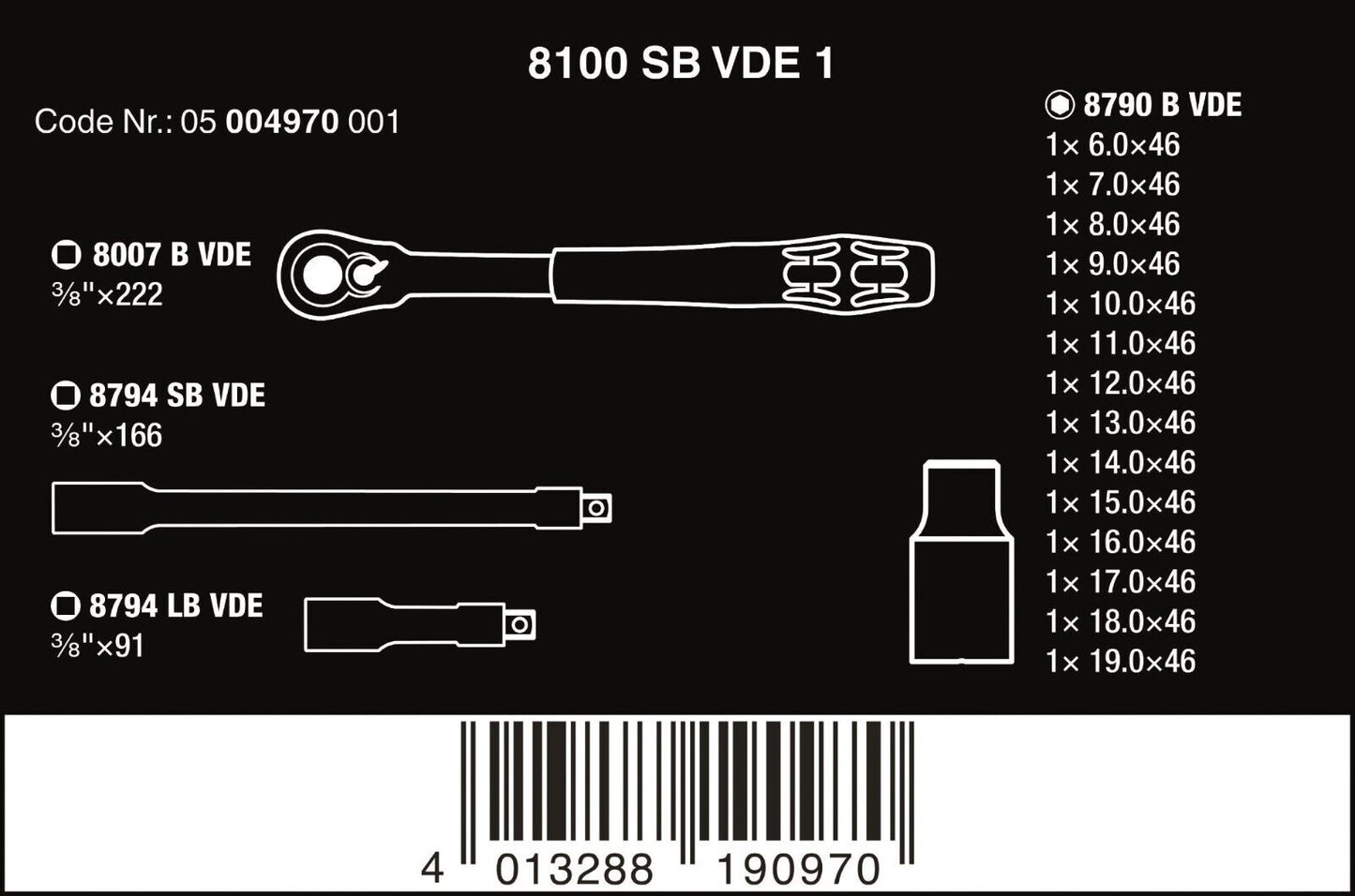 Wera 8100 SB VDE Insulated Socket Wrench Set 3/8" Drive 17 Pieces 05004970001