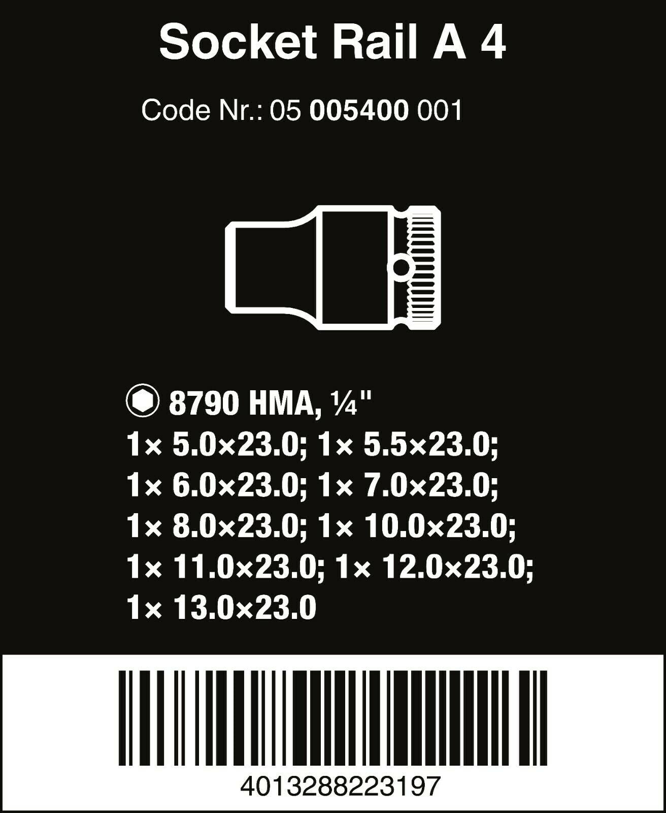 wera a 4 zyklop magnetic socket rail set 1/4" drive 9 pieces metric 05005400001
