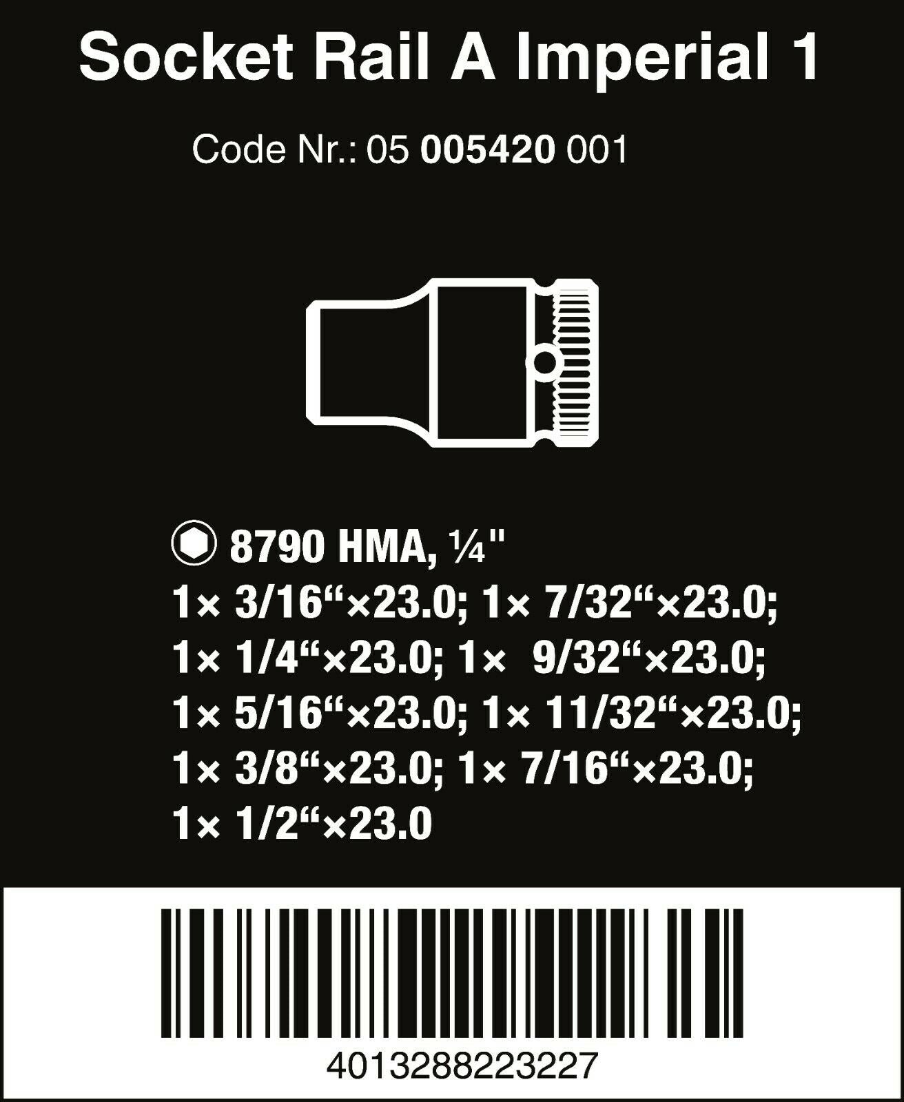 wera a 1 zyklop magnetic socket rail set 1/4" drive 9 pieces sae 05005420001