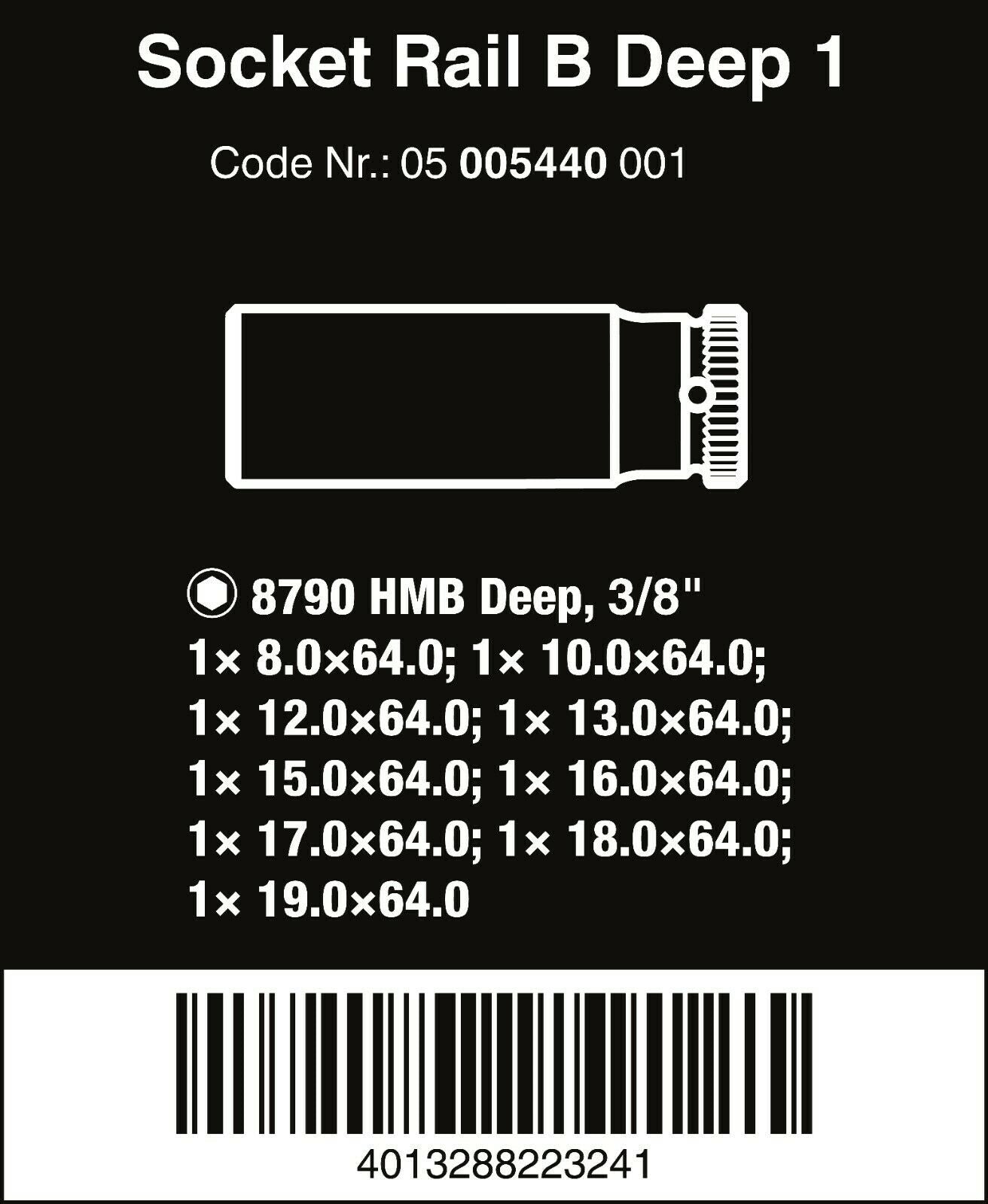 wera zyklop magnetic socket rail b deep 1 set 3/8" drive 9 pieces 05005440001