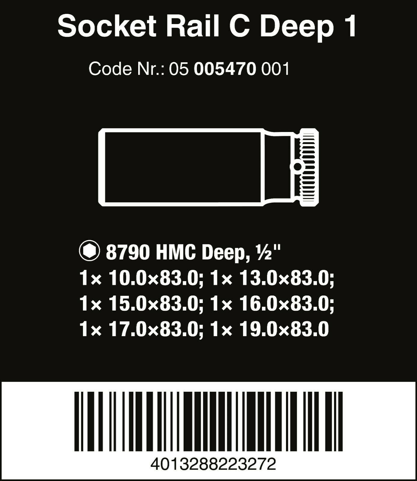 wera zyklop magnetic socket rail c deep 1 set 1/2" drive 6 pieces 05005470001
