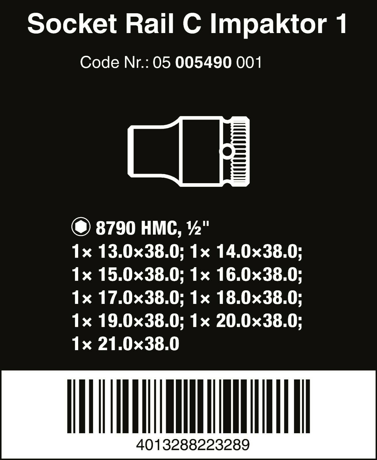 wera magnetic socket rail c impaktor 1 set 1/2" drive 9 pieces 05005490001