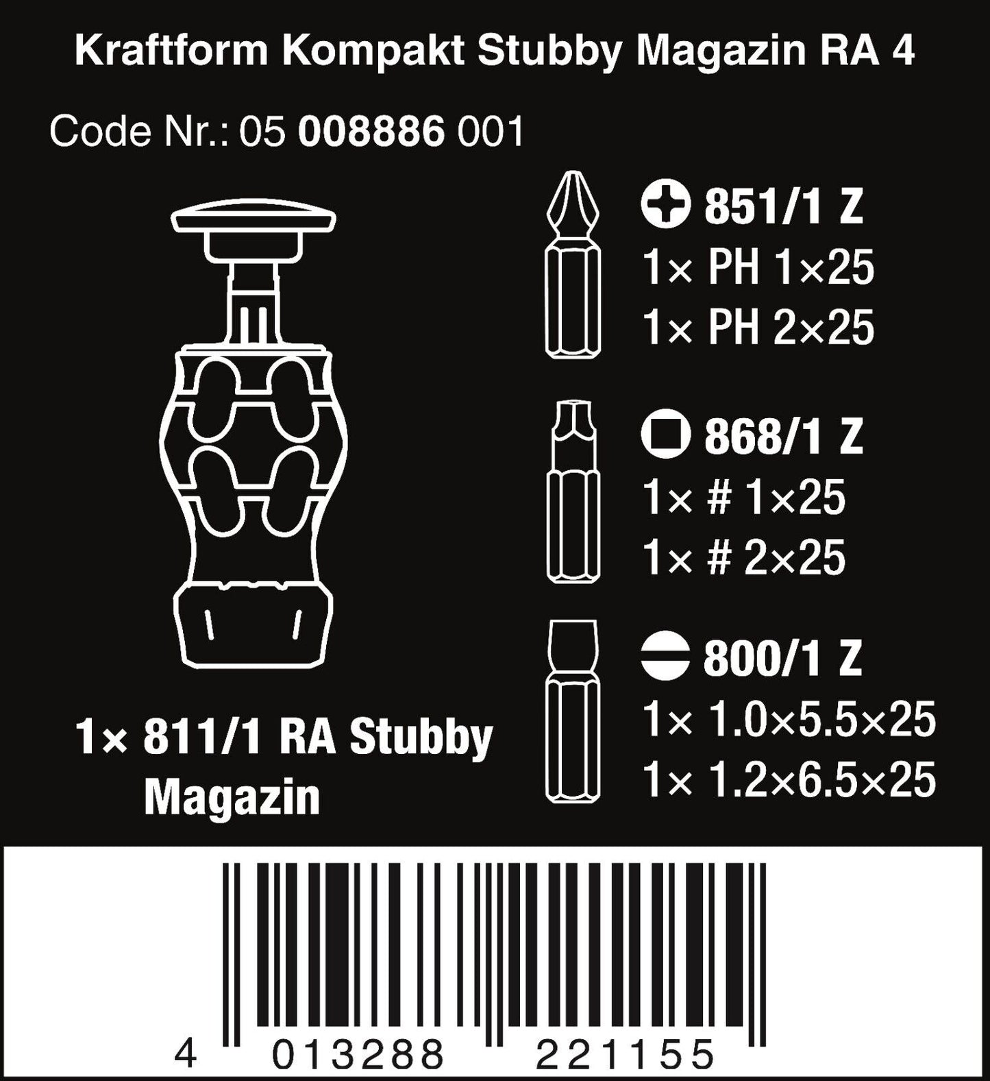Wera Kraftform Kompakt Stubby Magazine RA 4 Screwdriver Set Pieces 05008886001
