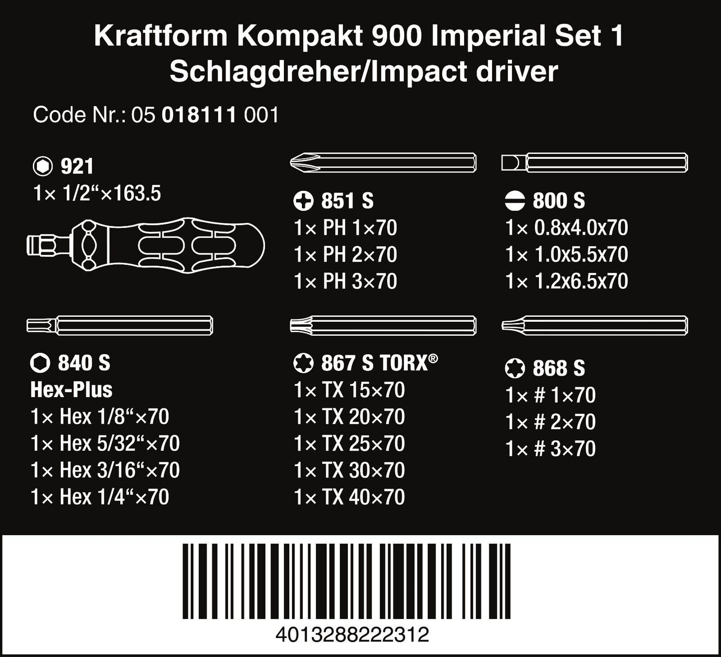 Wera Kraftform Kompakt 900 Set 1 Screwdriver Set 19 Pieces SAE 05018111001