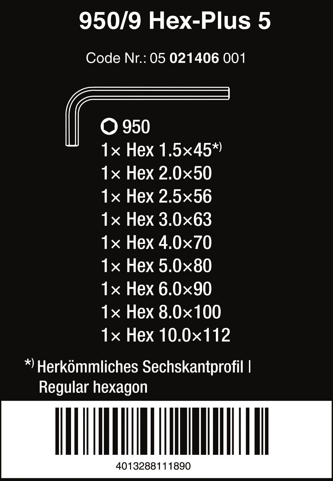 Wera 950/9 Hex-Plus 5 Chrome Plated L-Key Set 9 Piece Metric 05021406001