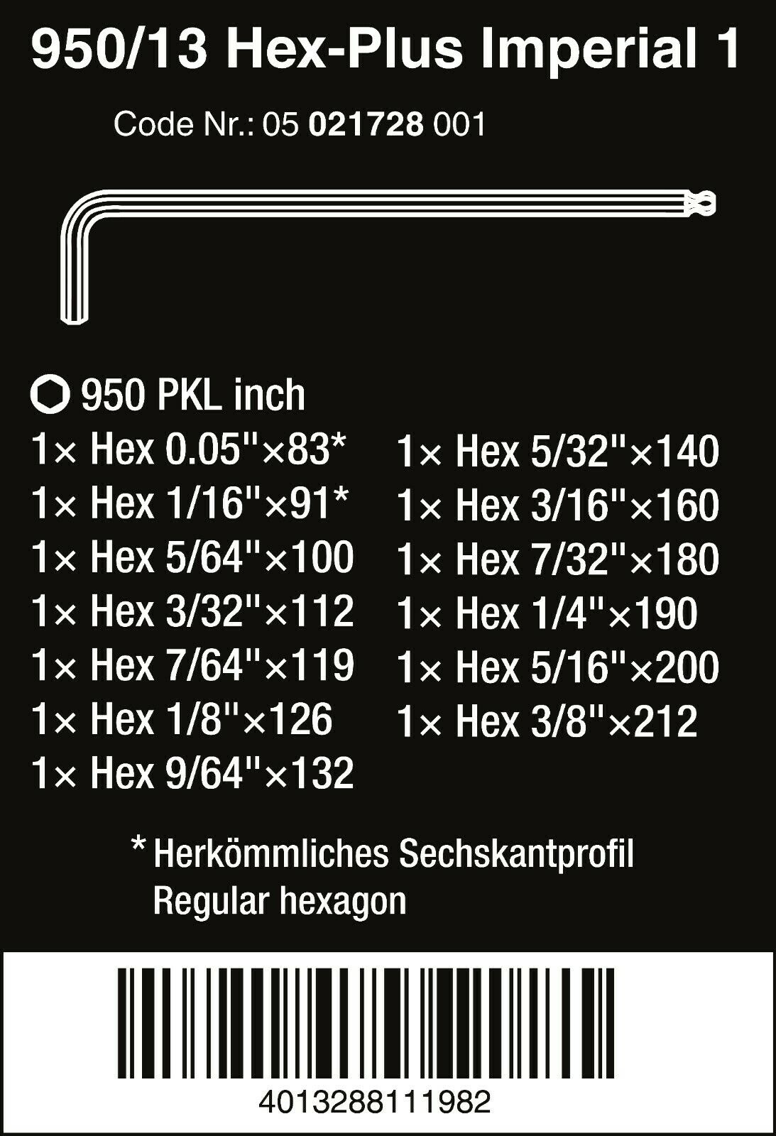 wera 950/13 hex-plus 1 l-key set sae 13 piece 05021728001