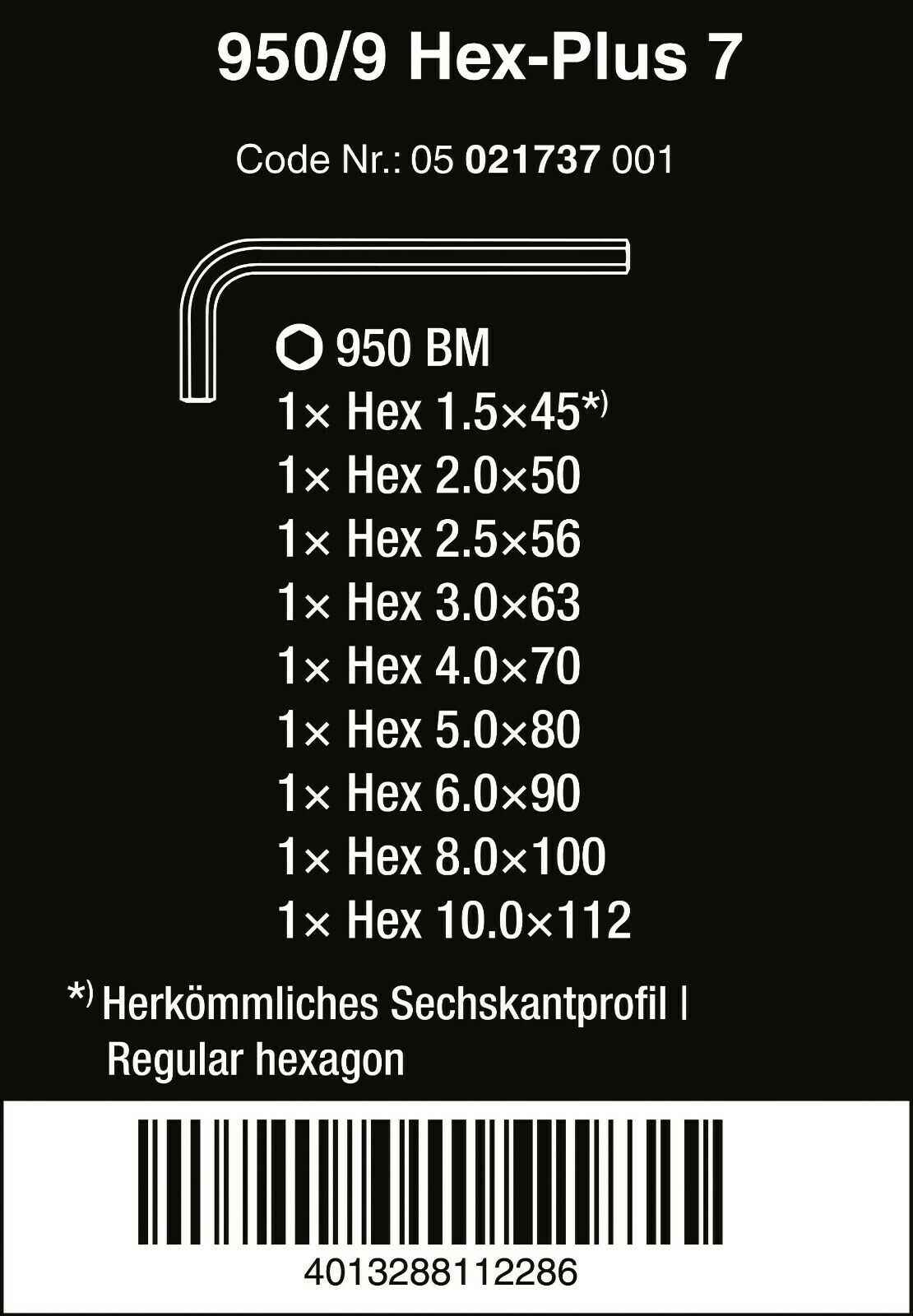 wera 950/9 hex-plus 7 l-key set metric 9 pieces 05021737001