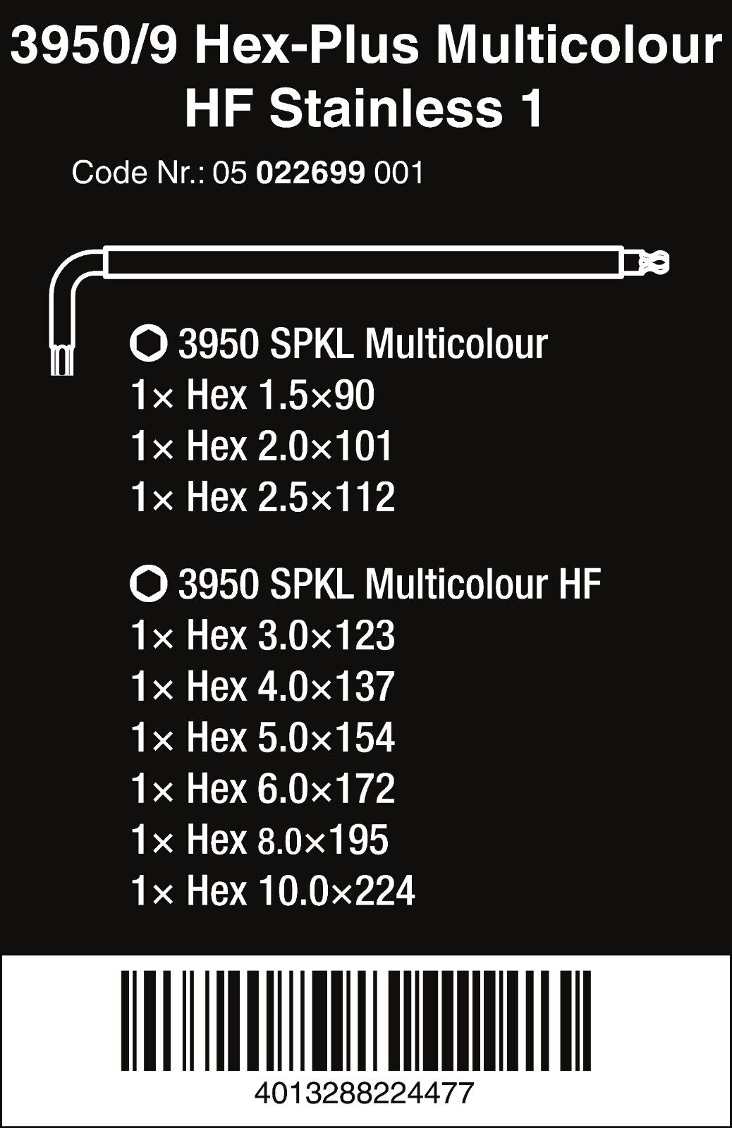 Wera 3950/9 Hex-Plus Multicolor HF Stainless 1 L-Key Set Metric 05022699001