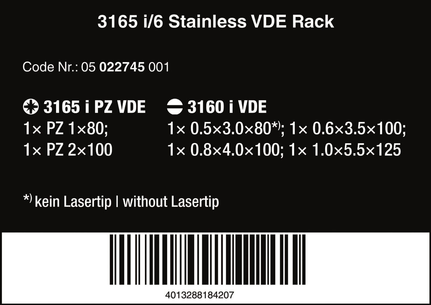 Wera 3165 i/6 VDE Stainless Steel Screwdriver Set With Rack 6 Pieces 05022745001