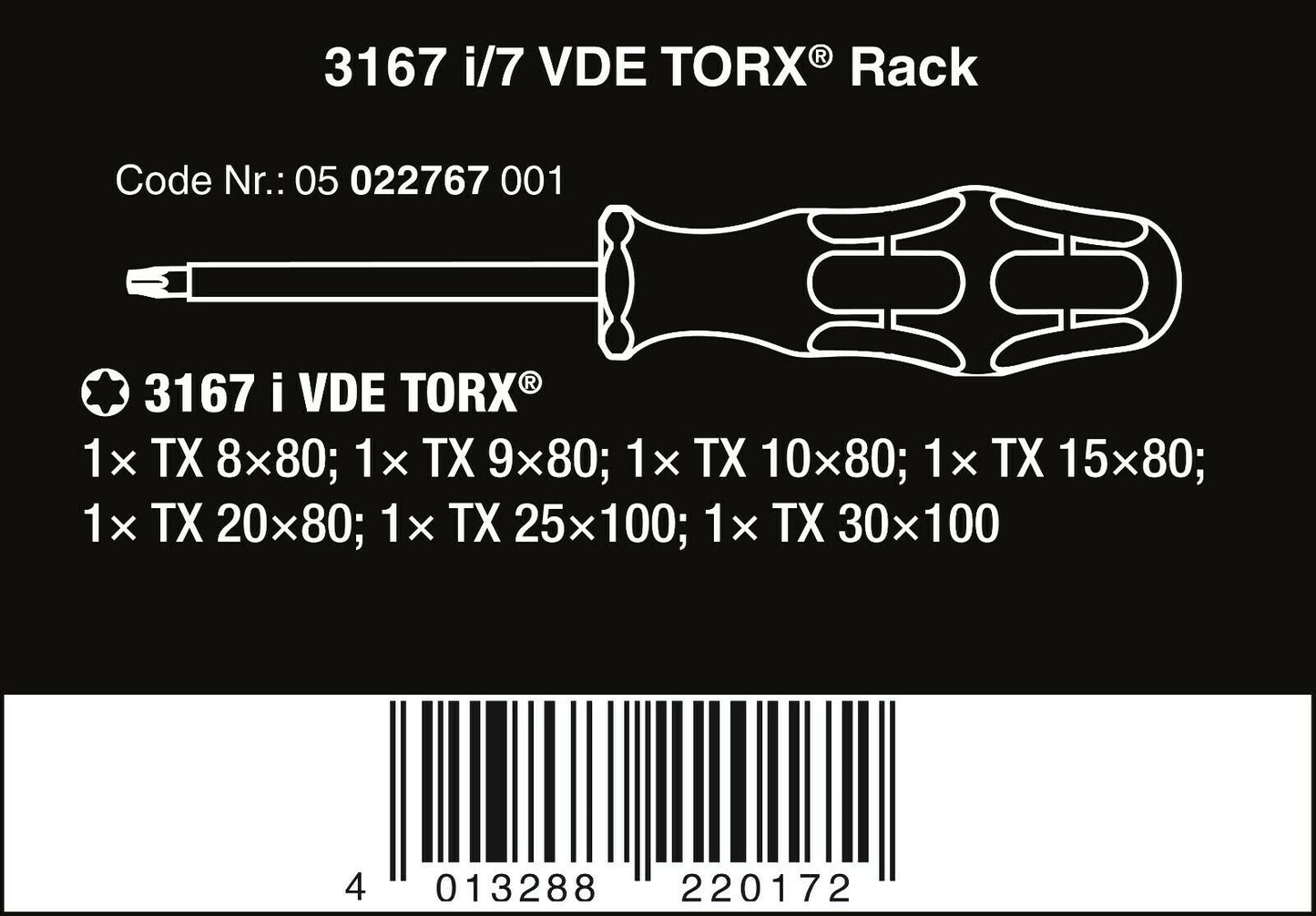 wera 3167 i/7 vde stainless torx® screwdriver set with rack 7 piece 05022767001