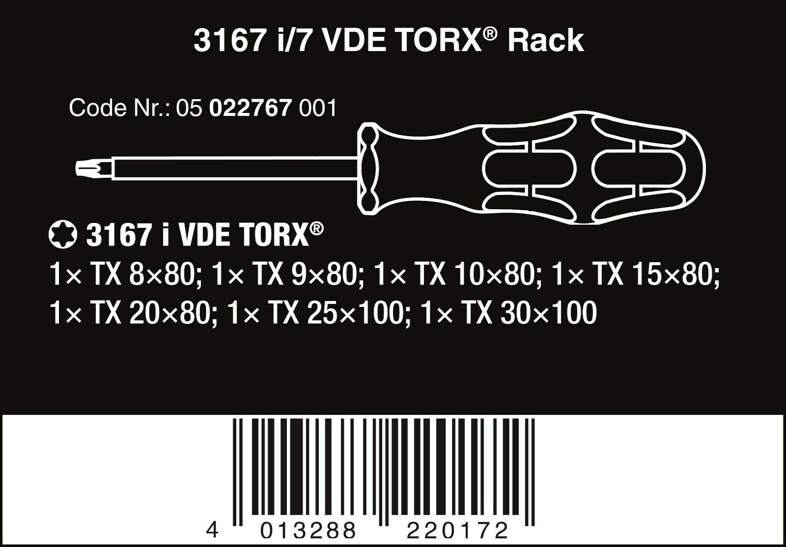 wera 3167 i/7 vde stainless torx® screwdriver set with rack 7 piece 05022767001
