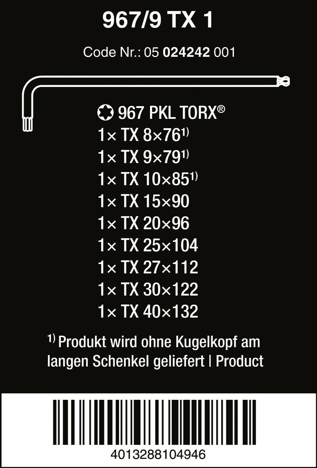 wera 967/9 tx 1 torx® l-key set with ball end 9 pieces 05024242001