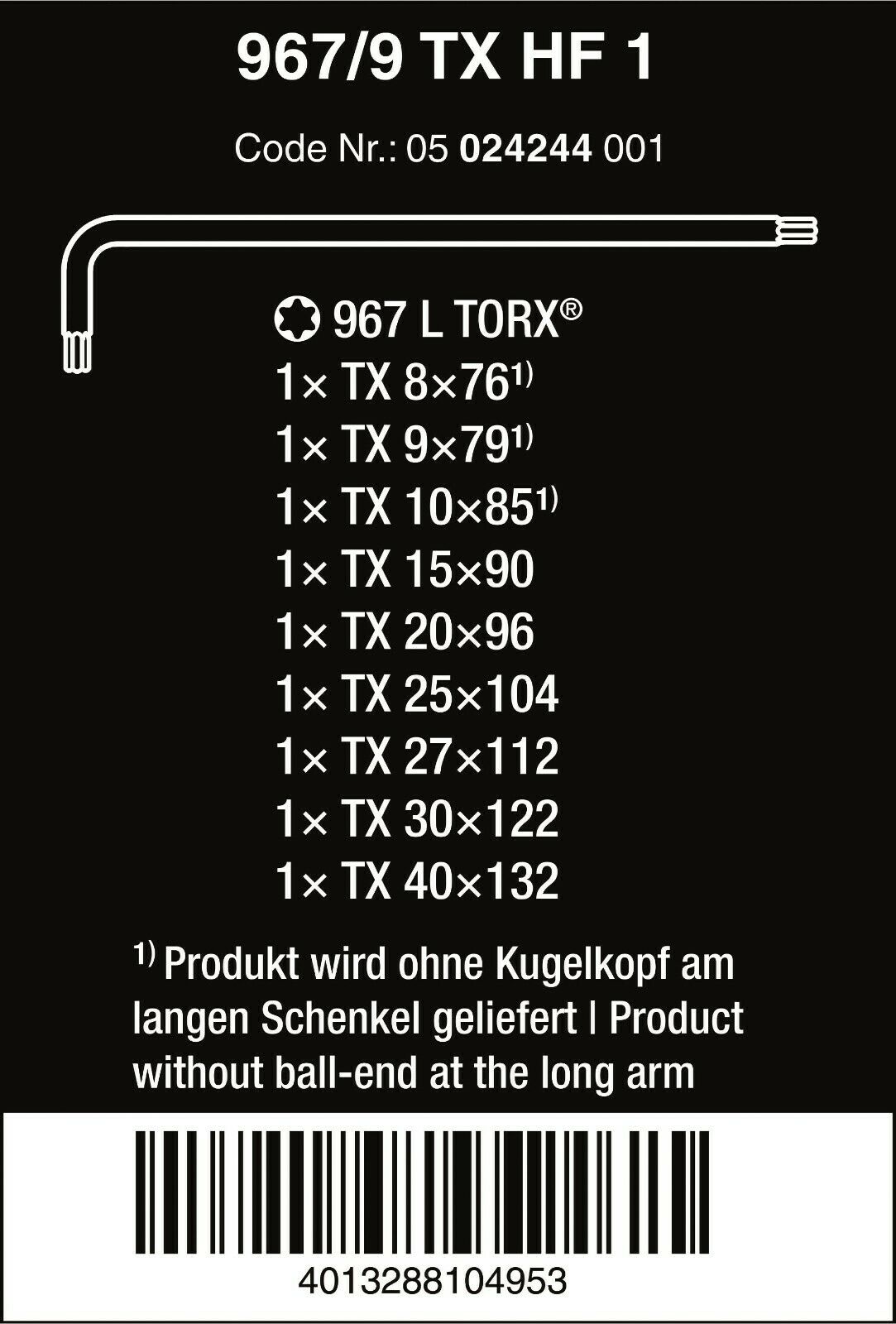 wera 967/9 tx hf 1 torx® l-key set 9 pieces 05024244001